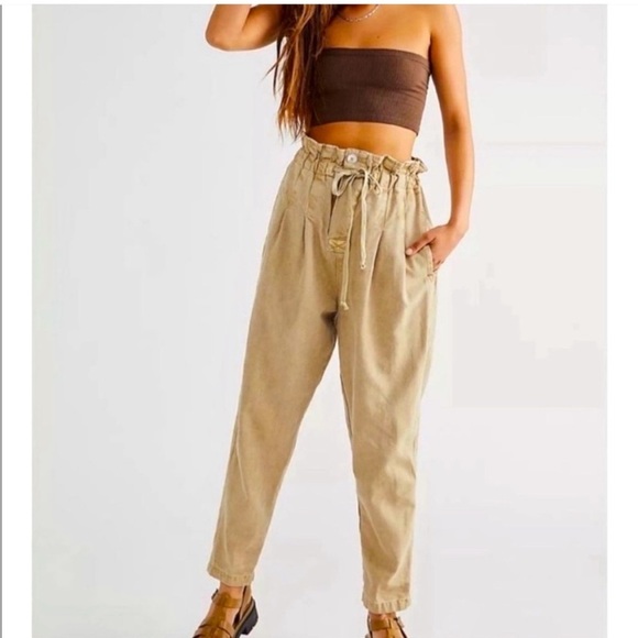 Free People margate light tan paper bag waist pleated trouser pants size small - Picture 1 of 10